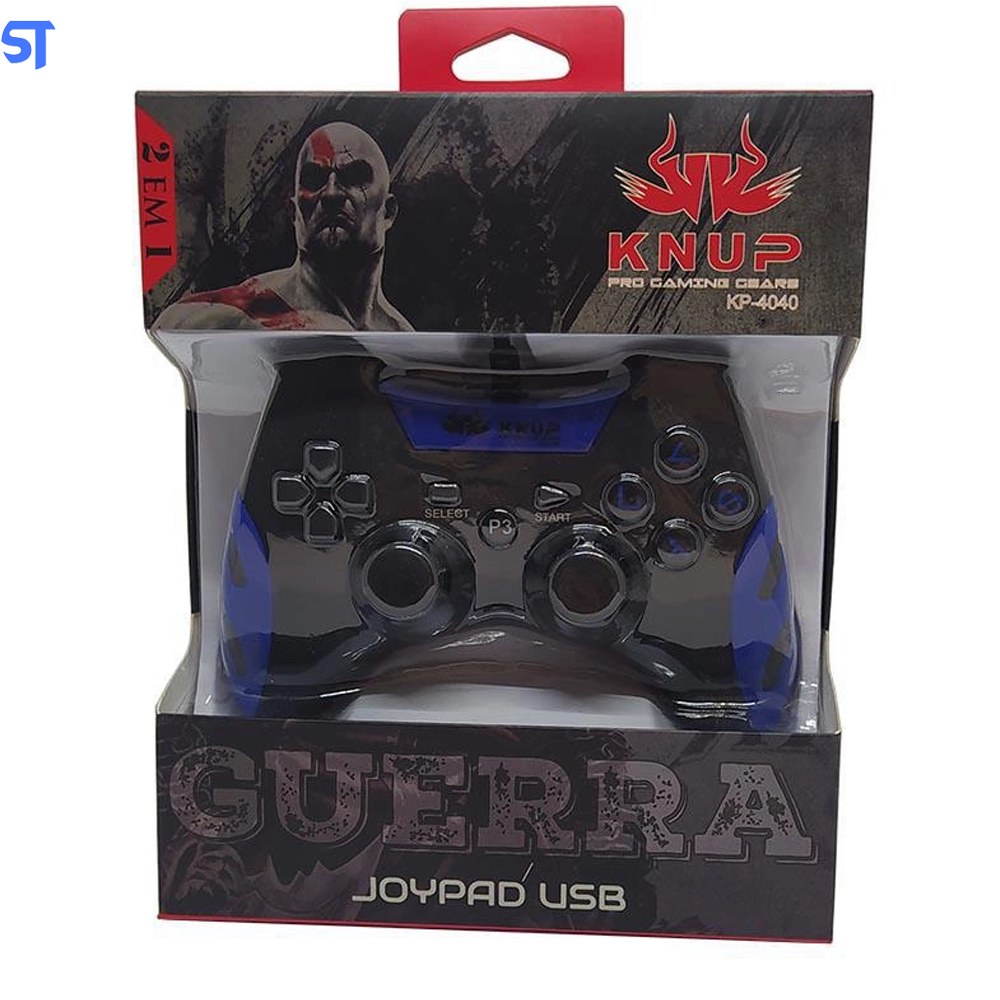 Controle Gamer Knup Joystick USB Guerra, Compatível para PS3 e pc  Preto com Azul - KP4040