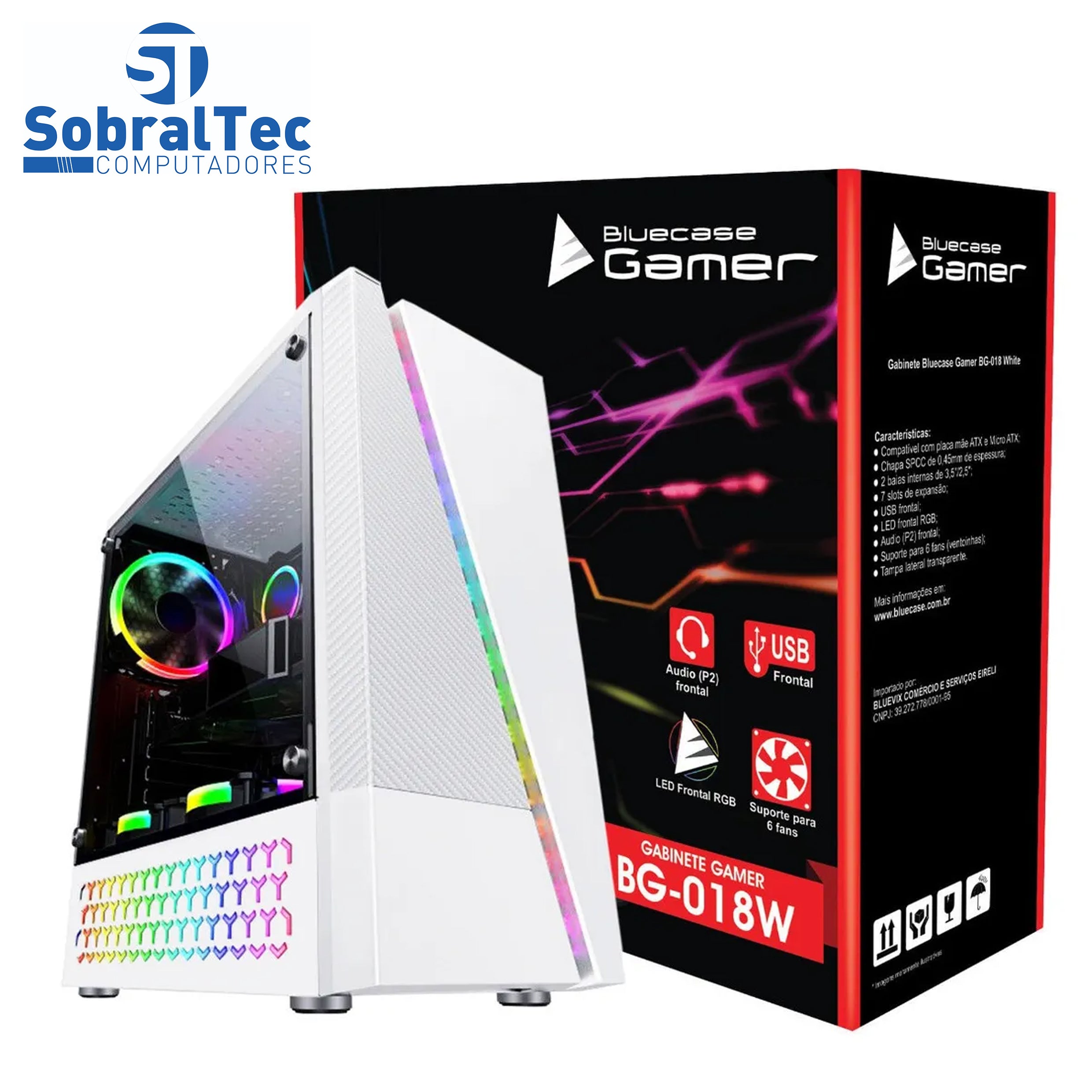 Gabinete Gamer BG-018W Branco Bluecase - S/ Fonte Lateral Em Vidro LED RGB  USB 3.0 Frontal
