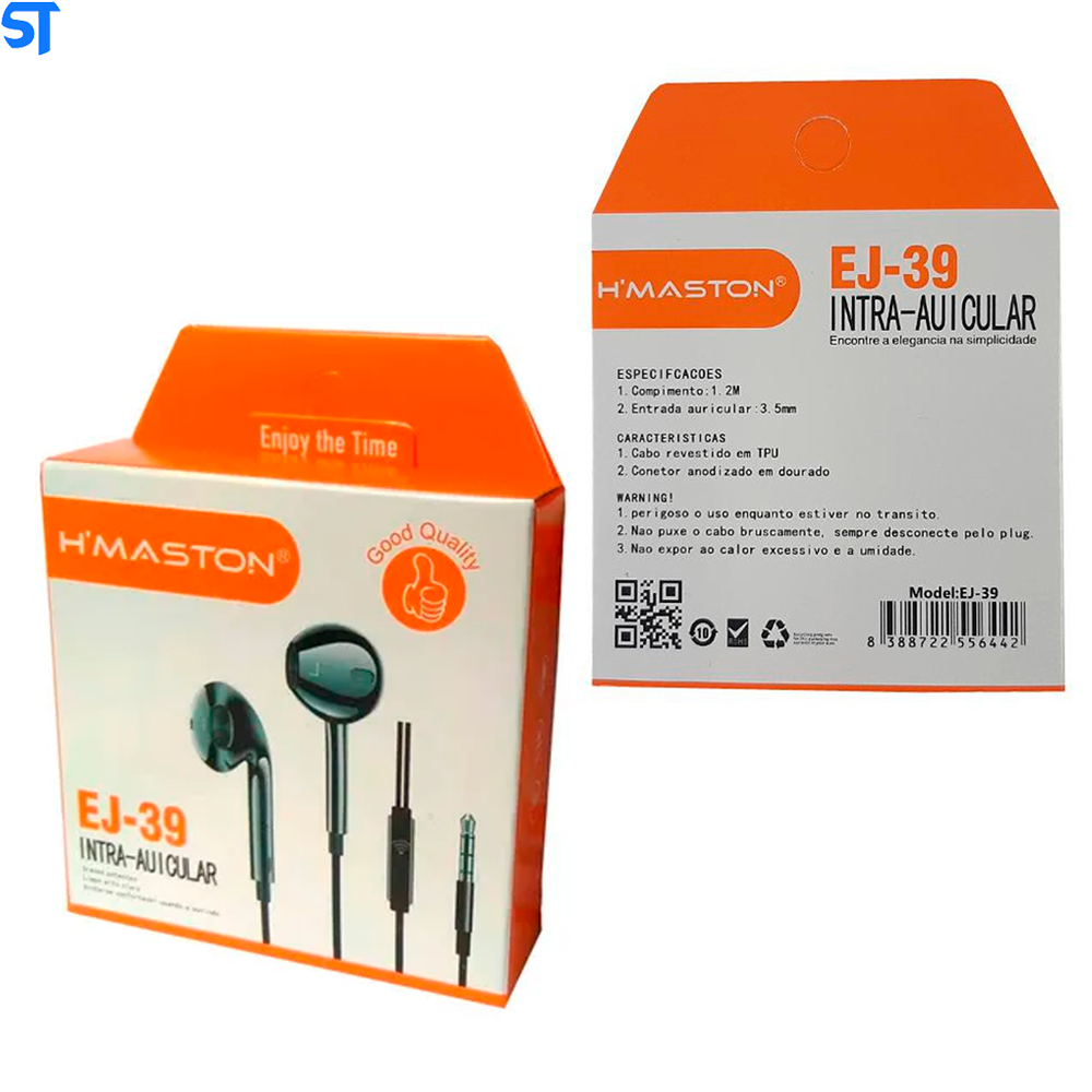 Fone de Ouvido EJ-39 Intra-Auricular H´Maston-  Preto