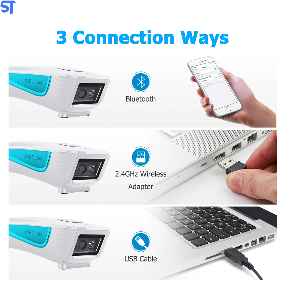 Leitor Código De Barras Bluetooth E USB NETUM C850 Branco Com Azul
