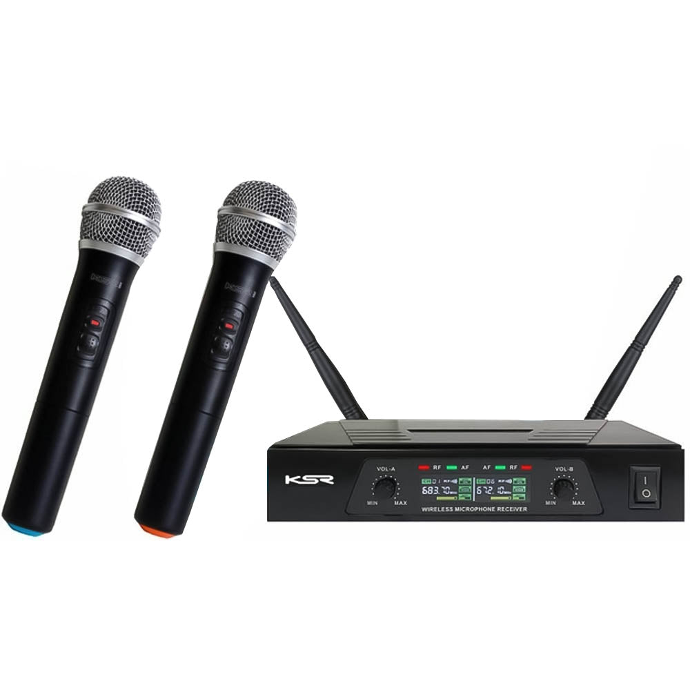 Kit Microfone Sem Fio + Receptor UHF Com 2 Antenas + 02 Microfone de Mão - KSR KT-02
