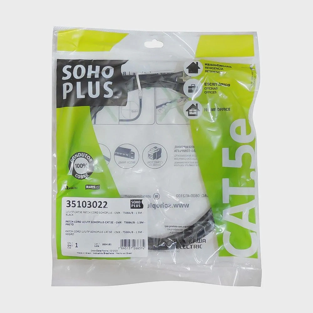 Cabo de Rede CAT.5e 1.5 Metro U/UTP SohoPlus T568A/B Rj-45 Preto 35103022