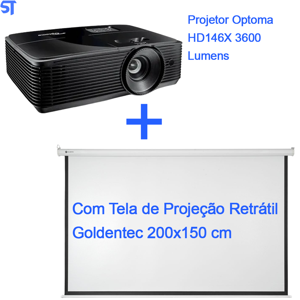 Projetor Optoma HD146X 3600 Lumens | Com Tela de Projeção Retrátil Goldentec 200x150 cm
