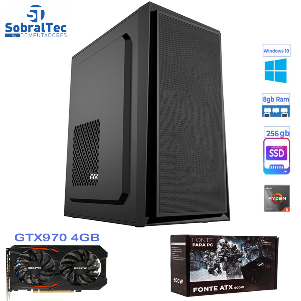 Computador Gamer Ryzen 5 3600-Memória 8GB- HD SSD 256GB - Placa Vídeo GTX970 4GB 256Bit
