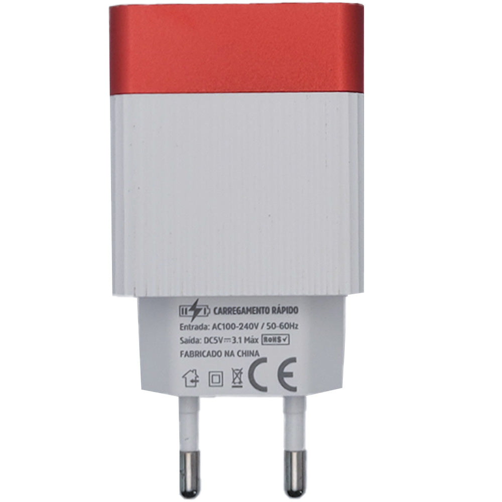 Fonte Carregador Rápido Com 2 Portas USB A 3.1A Inova Branco Com Vermelho - KV-5247