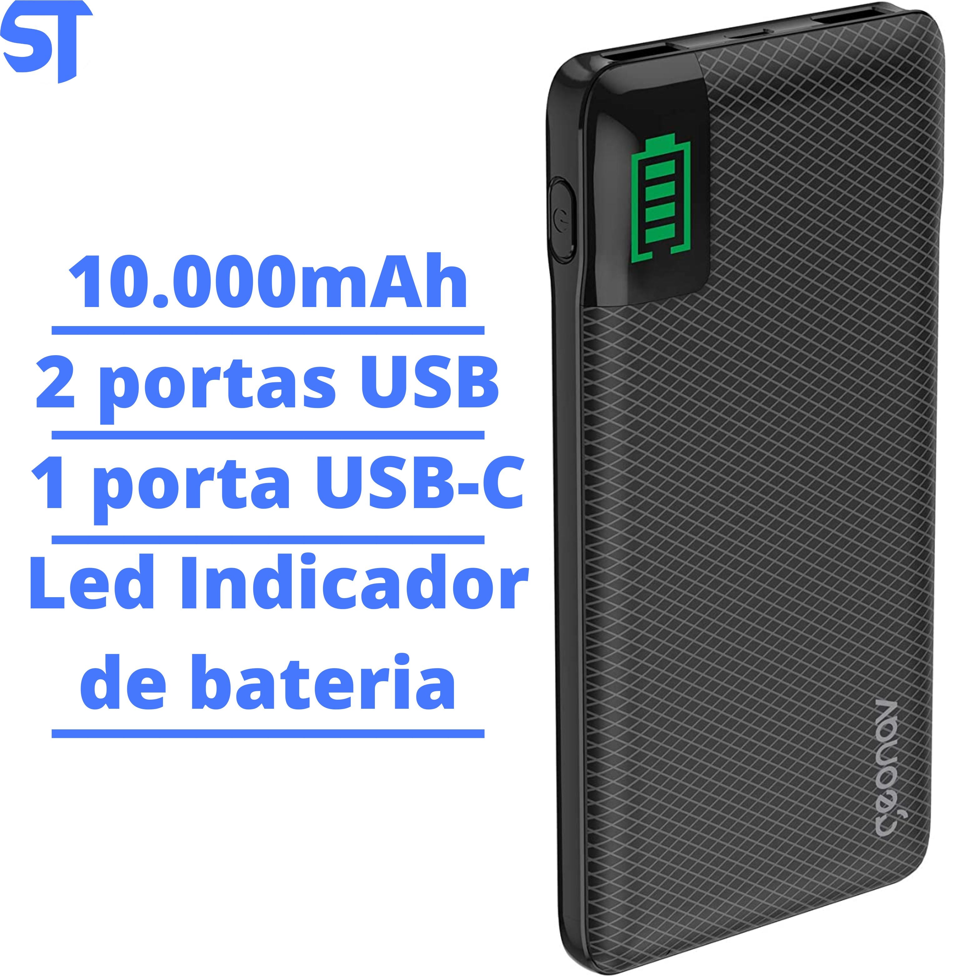 Carregador Portátil Universal 10.000mAh, 2 portas USB + 1 porta USB-C PB10KBK Preto - Geonav