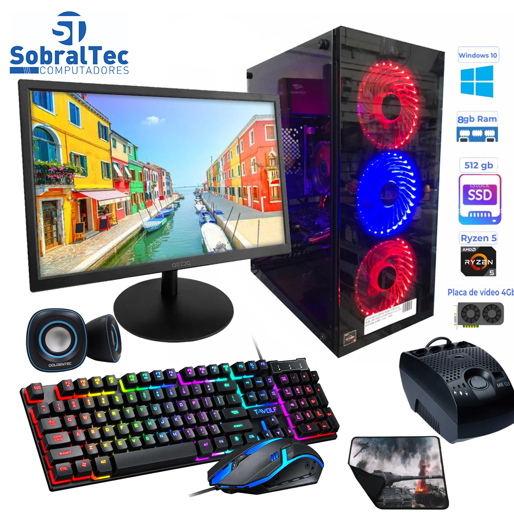 Computador Gamer Ryzen 5 -Memória 8GB - HD SSD 512GB - Placa V Gigabyte 1050TI 4GB 256Bit- Com Monitor 19 -Teclado e Mou