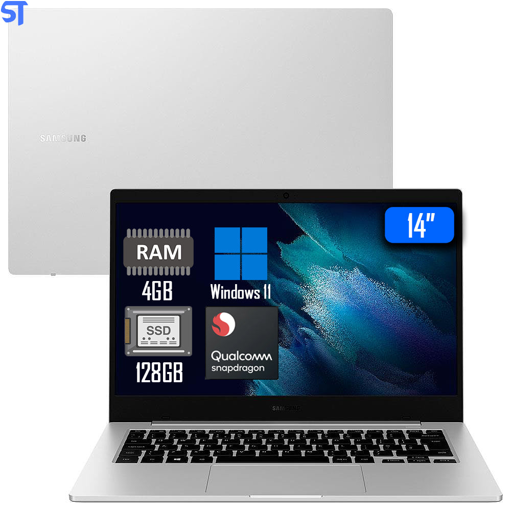 Notebook Samsung Galaxy Book Go Snapdragon 8 núcleos 4GB 128GB SSD Tela Full HD 14