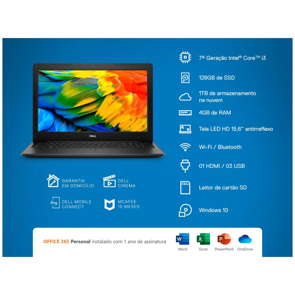 Notebook Dell Inspiron I15-3584-ML1P Core i3-8020U 4GB Ram 128Gb Ssd 15,5" Windows 10 + Office 365 Personal