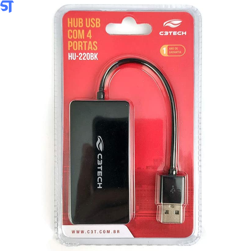 Hub USB Com 4 Portas USB 2.0  HU-220BK, Preto C3Tech