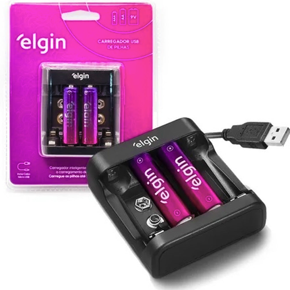 Carregador De Pilhas E Bateria Usb + 2 Pilhas AA 9V - Elgin