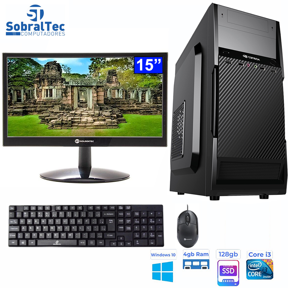 Computador Core i3-2120-HD SSD 128GB -Memória Ram 4GB- Com Monitor 15, HDMI- Teclado e Mouse e Estabilizador