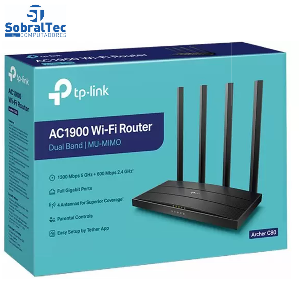 Roteador TP-Link Archer C80 Gigabit Wireless MU-MIMO AC1900 Dual Band BD 600MBPS Em 2.4GHZ + 1300 Em 5 GHz