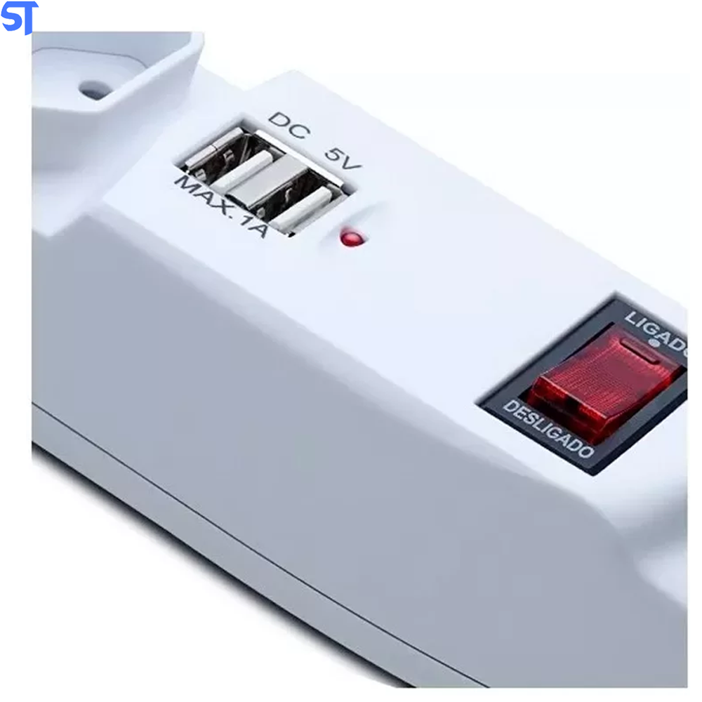 Filtro De Linha Protetor Eletrônico 6 Tomadas 1,5 Metro Fusível 2 Usb Para Celular Knup SL7906