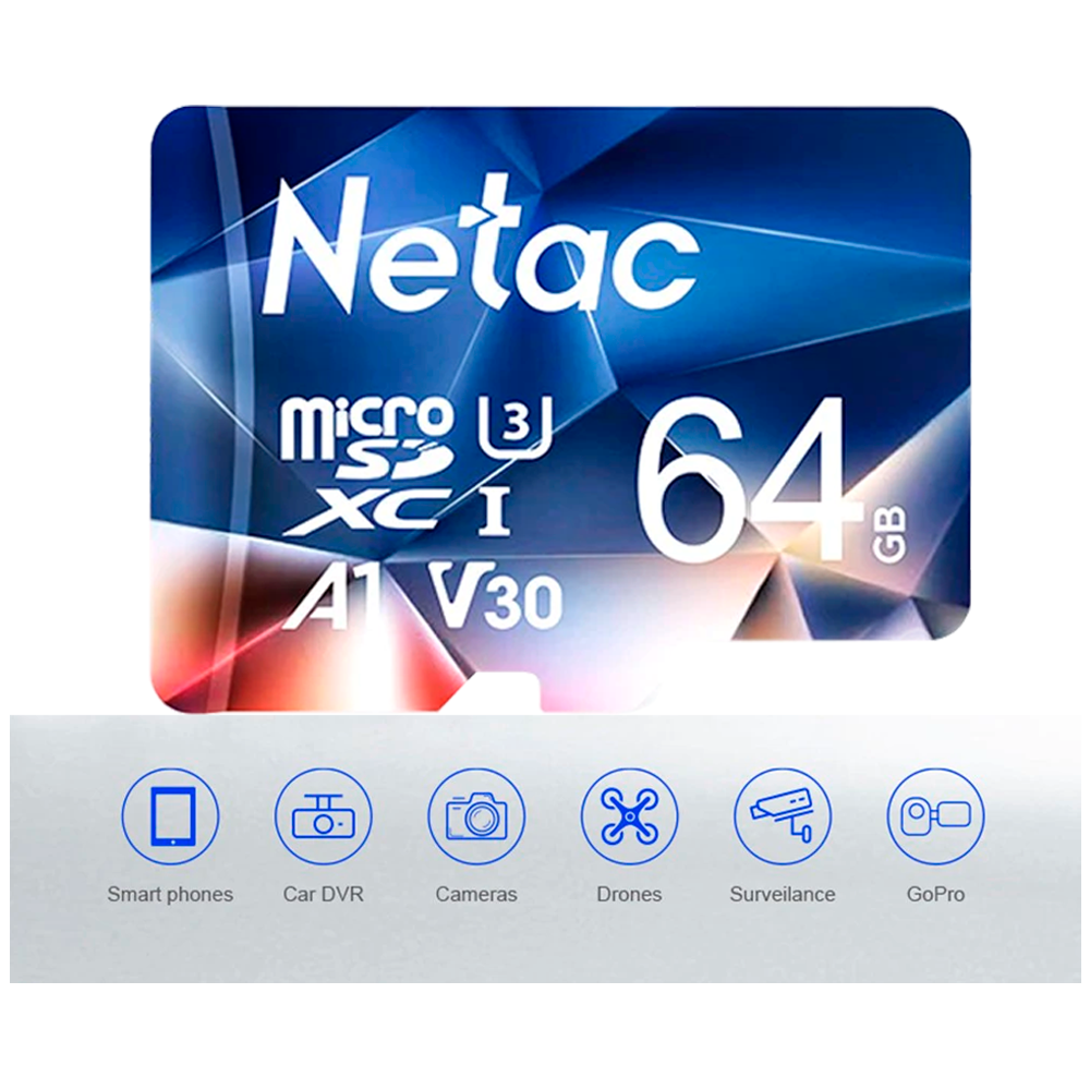 Cartão Micro SDXC 64Gb Classe 10 U3 A1- V30- 100Mb/s De Leitura Com Adaptador Netac