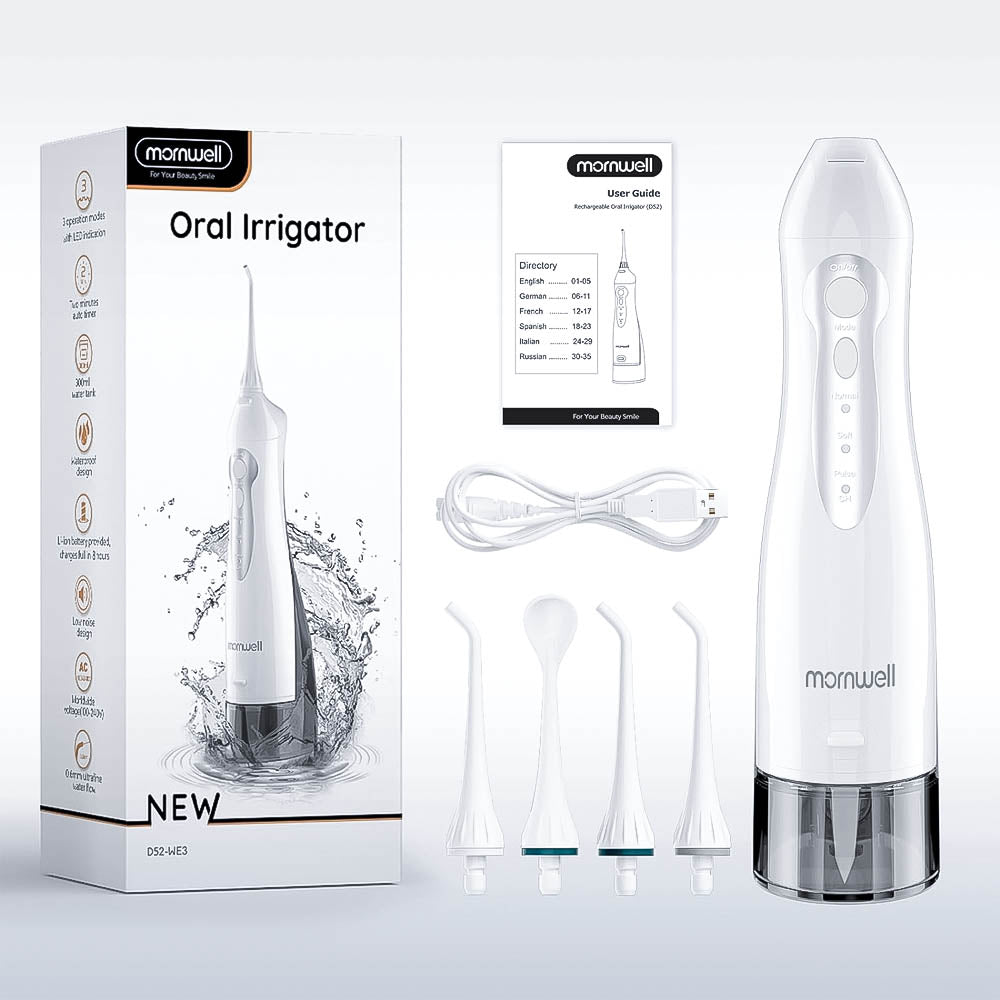 Irrigador Bucal Portátil Recarregável de 3 Modos Mornwell, 300ml e 4 Pontas de Jato Fluxo de Água Ultrafino 100/240v