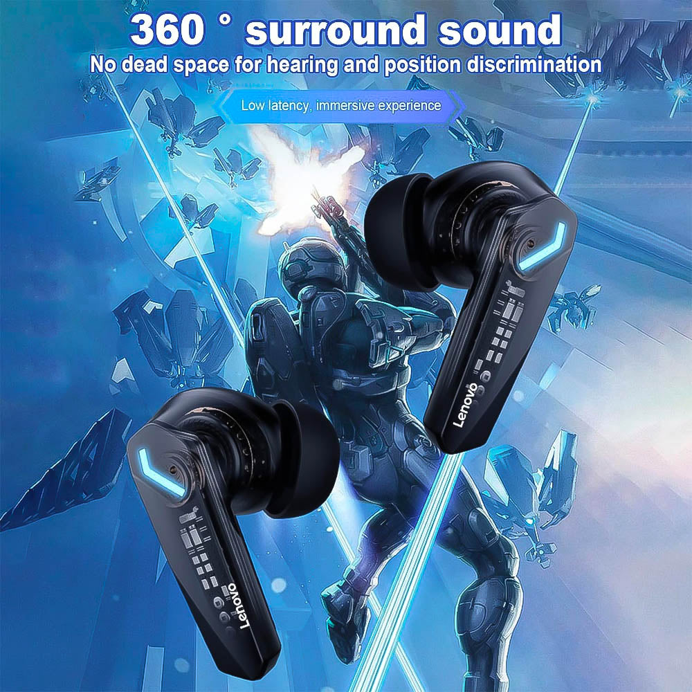 Fones de Ouvido Bluetooth 5.3 Gamer Lenovo Tinkplus GM2 Pro 360° Surround Modo Duplo com Cancelamento de Ruído - Preto