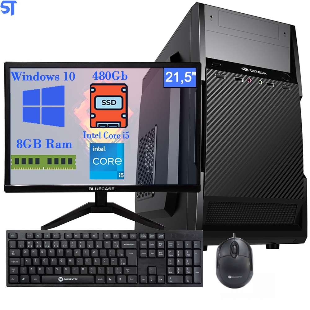 Computador Intel® Core™ i5- Memoria DDR4 8Gb 3000MHz - HD SSD 480GB - Monitor Teclado e Mouse