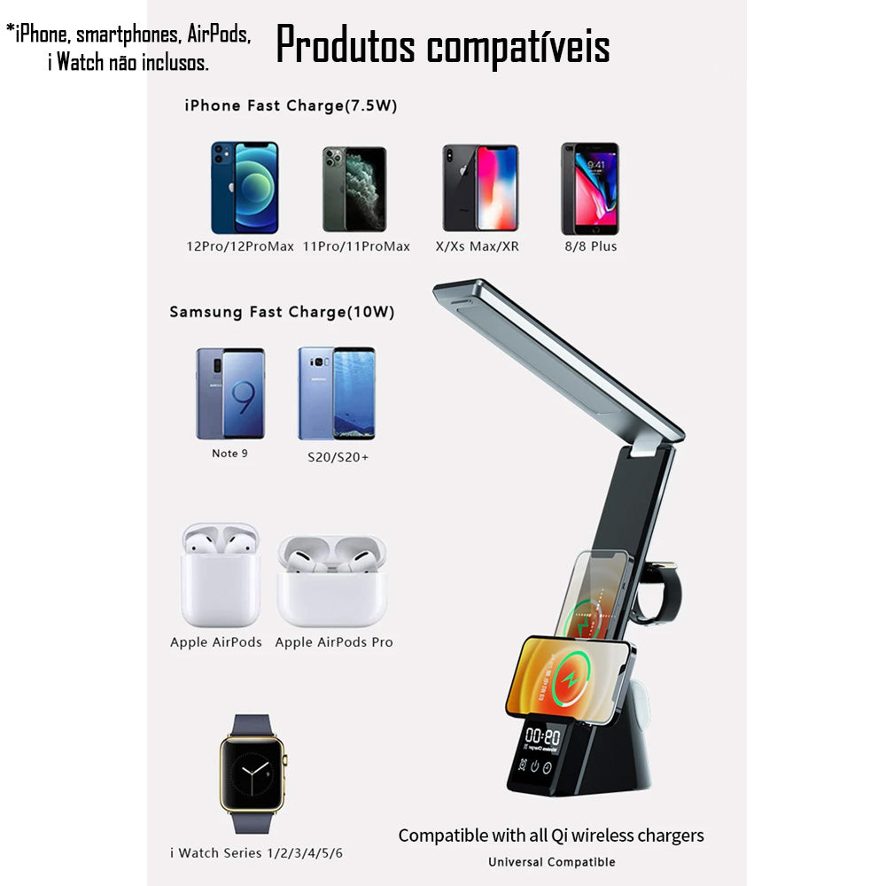 Luminária de Mesa 6 em 1 Led Carregador Sem Fio 15w Com Relógio Digital, Alarme, Botão Liga/Desliga