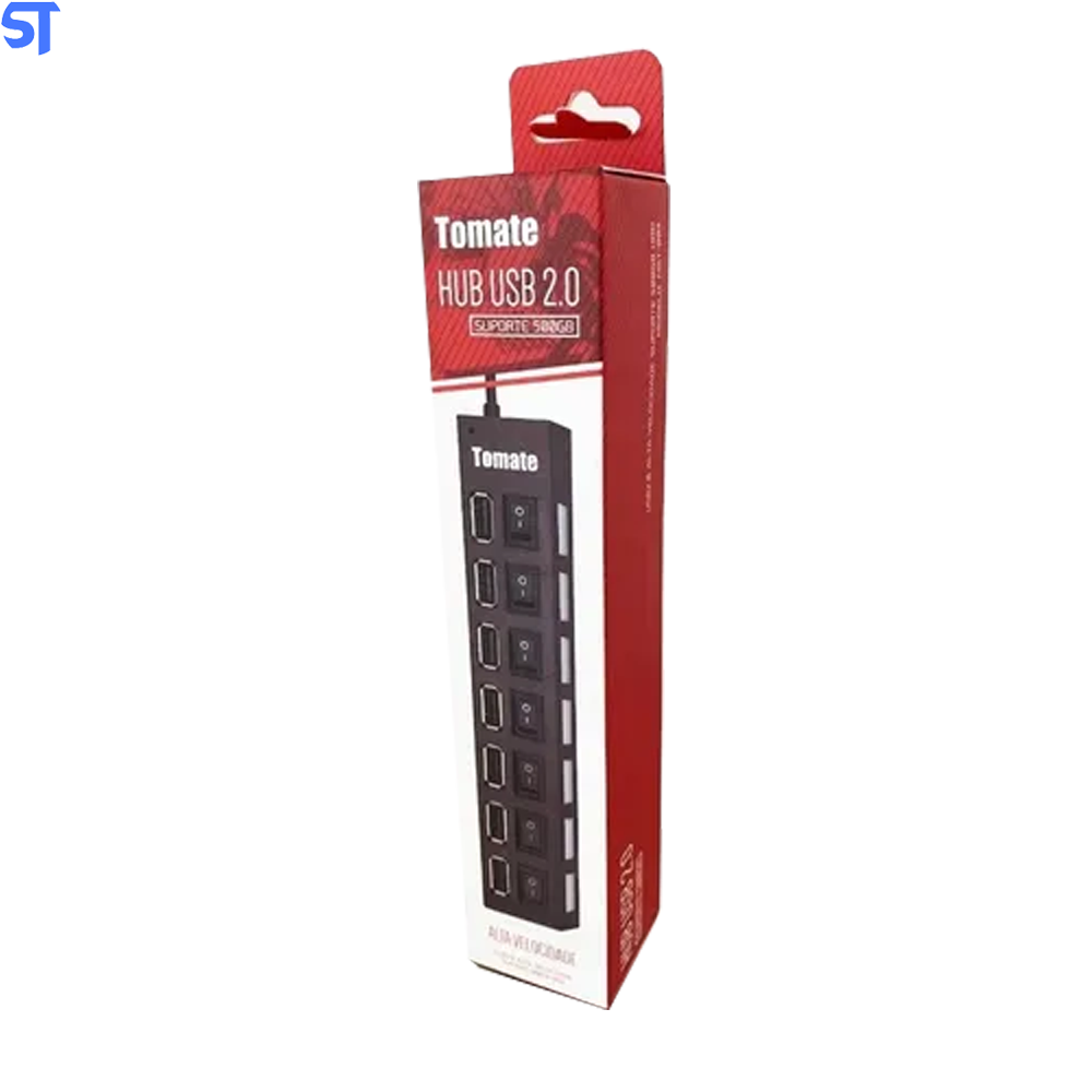 Hub Usb 2.0 Com 7 Portas Com LED e Interruptor Alta Velocidade Tomate