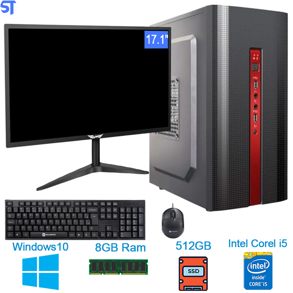 Computador Intel Core i5-9400F - HD SSD 512GB - Memoria DDR4 8GB 3000MHz e Monitor de 17 Polegadas Teclado e Mouse