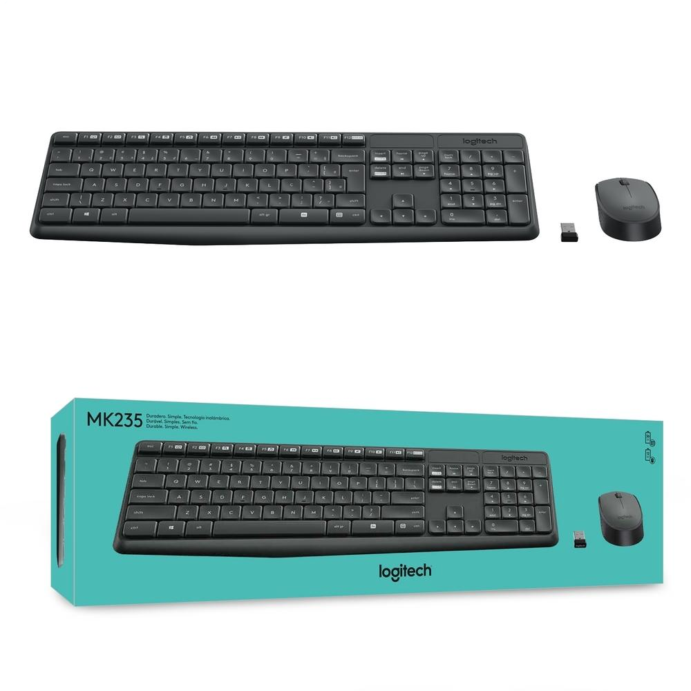 Teclado e Mouse Logitech MK235 Sem Fio Resistente à Água Cinza ABNT2
