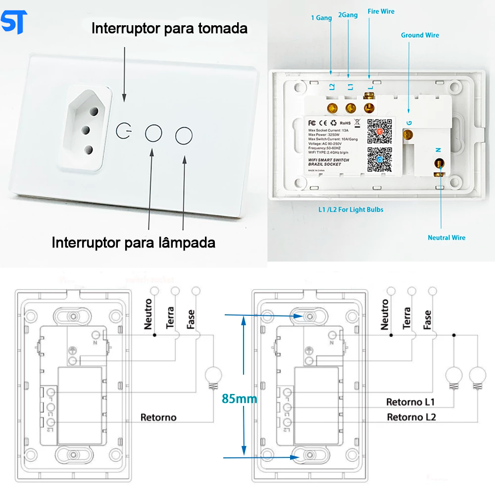 Interruptor Inteligente Wifi Com Tomada Padrão Brasileiro Com Alexa, Google Home Integrada