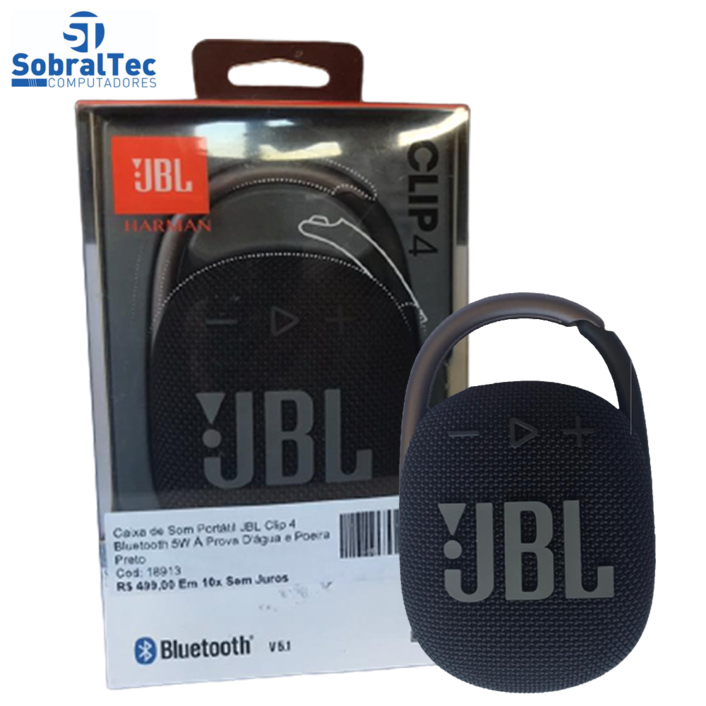 Caixa de Som Portátil JBL Clip 4 Bluetooth 5W À Prova D'água e Poeira Preto
