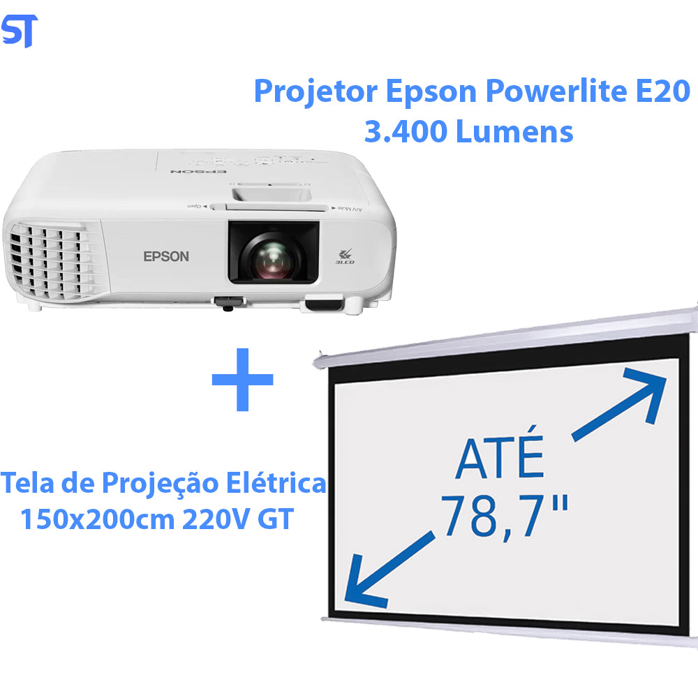 Projetor Epson Powerlite E20 3LCD, XGA, 3.400 Lumens Com Tela de Projeção Elétrica 150x200cm 220V GT