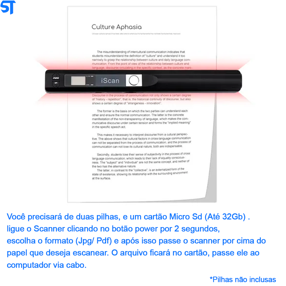 Scan Portátil A4 JPG/PDF DPI 900 Entrada Para Cartão Micro Sd Até 32Gb Tipo V3- Exbom