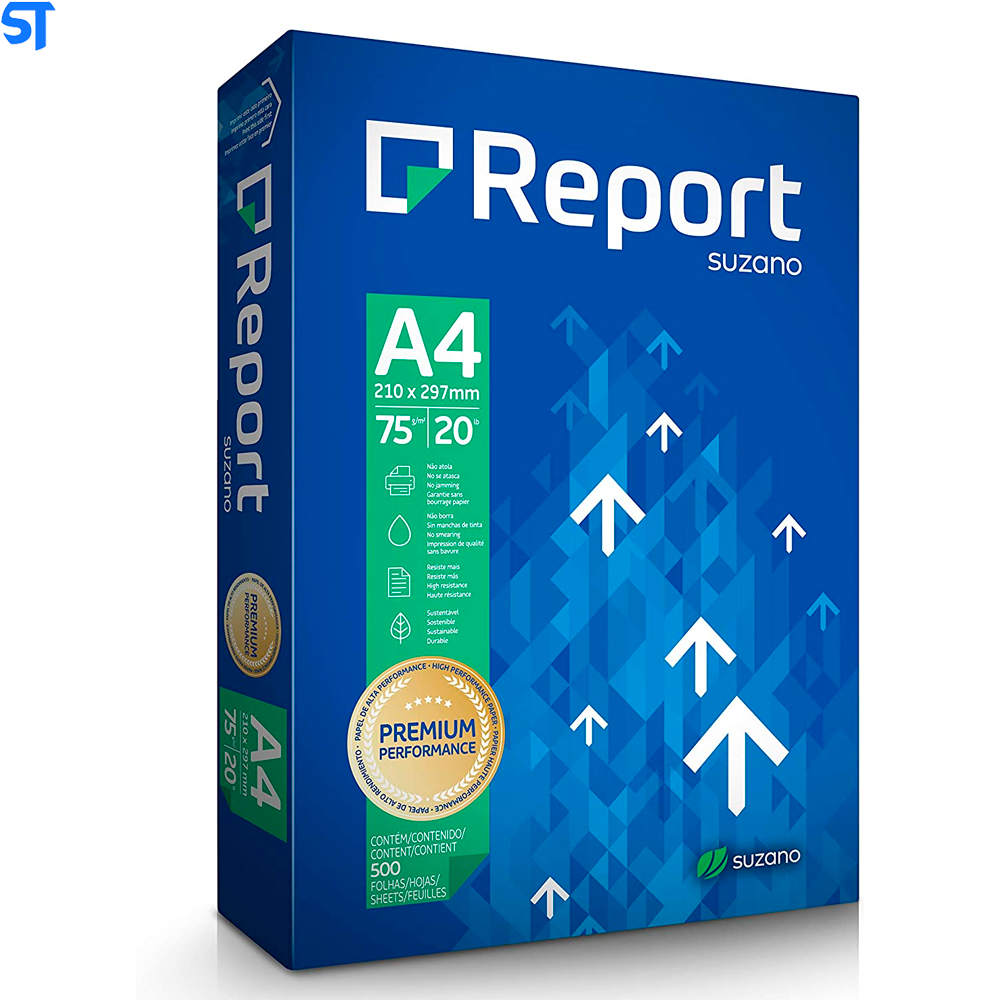 Caixa Com 5 Resmas de Papel A4 Sulfite Report Premium 75G 500 Folhas 210mm x 297mm