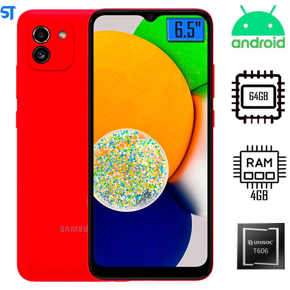 Smartphone Samsung Galaxy A03 Vermelho 64GB, 4GB RAM, Tela Infinita de 6.5", Câmera Dupla Traseira, Bateria 5000 mAh SM-