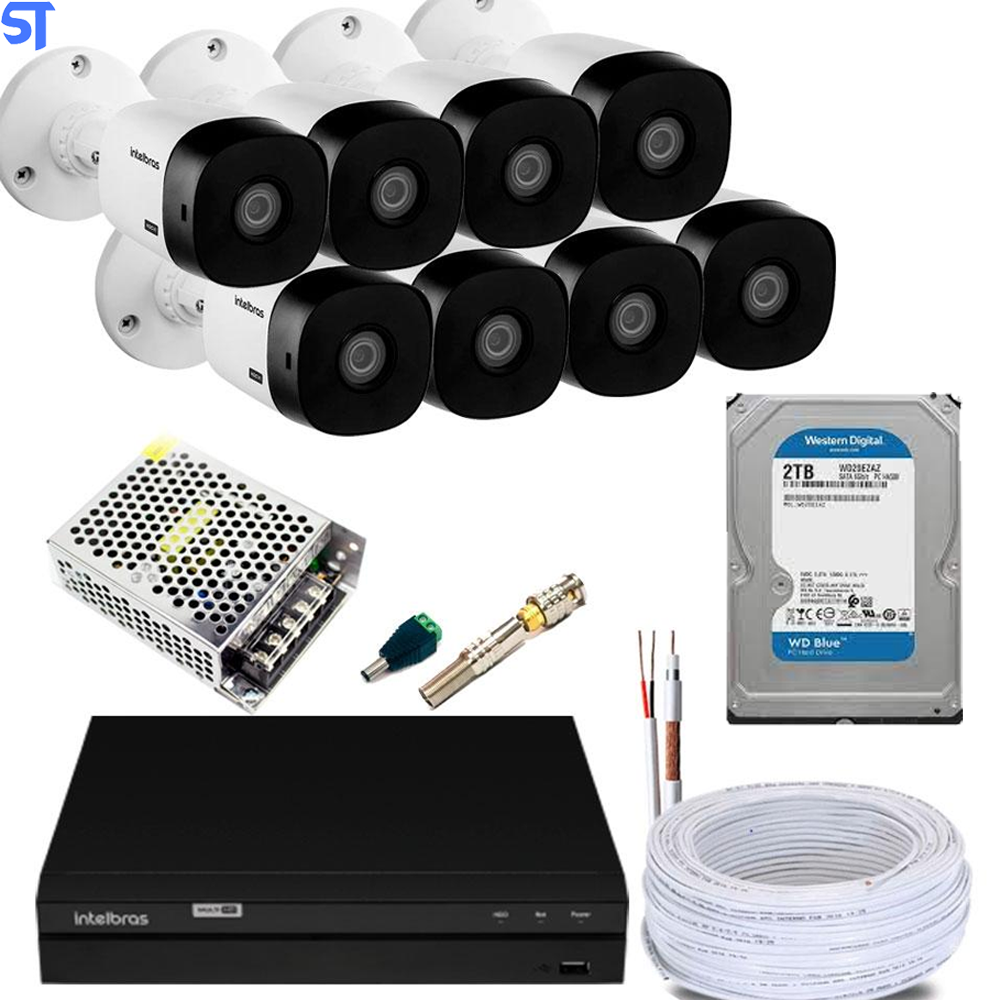 Kit Sistema de Câmeras Intelbras Com 8 Canais+ HD de 2TB + Fonte 10A+ 100 Metros de Cabo e Conectores