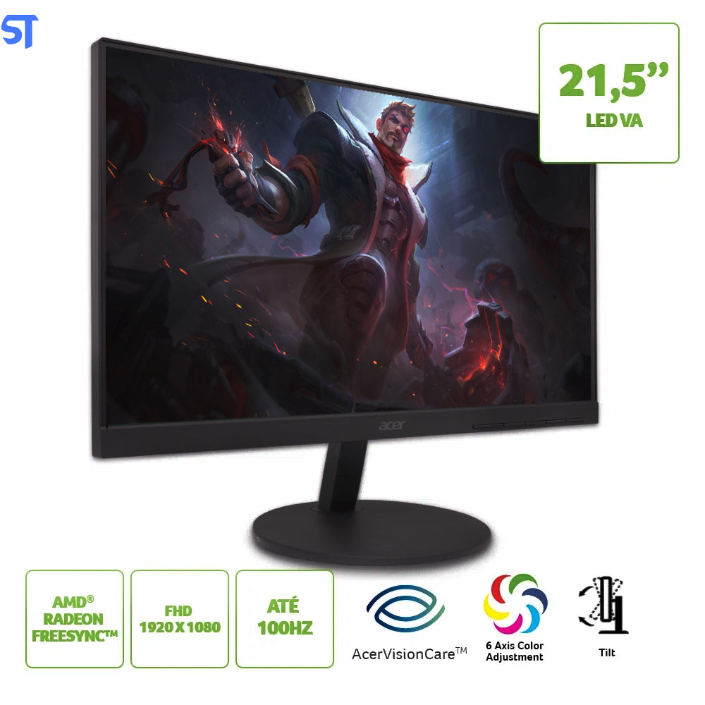 Monitor Gamer Acer 21.5” Zero Frame LED VA FHD 100Hz 8ms AMD Radeon FreeSync 1x VGA 1x HDMI EA220Q Hbi