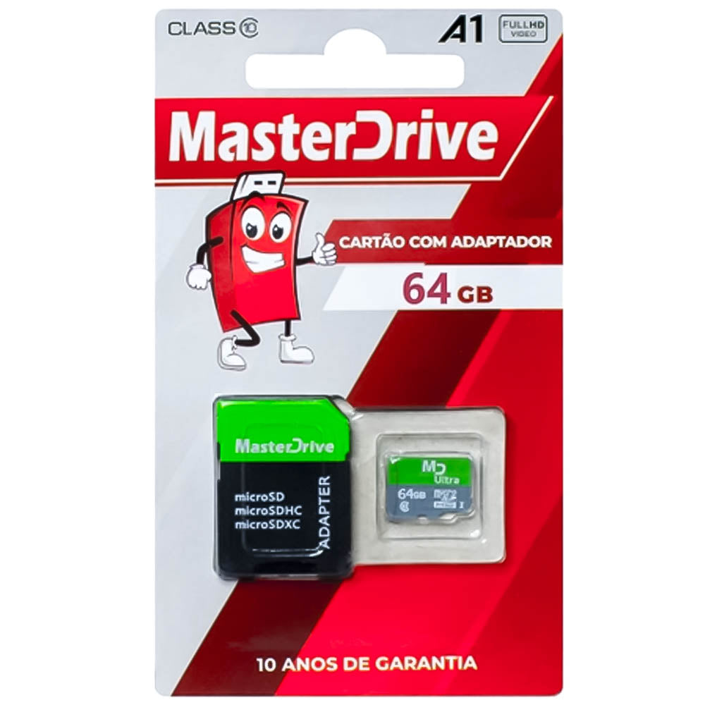 Cartão Micro SD 64GB Classe 10 A1 Com Adaptador - MasterDrive
