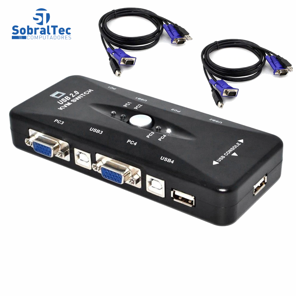 Chaveador Kvm Usb 2.0 Switch 4 Portas Vga e Usb B 3 Usb A Controladores 1 Vga Vídeo Com 2 Cabos