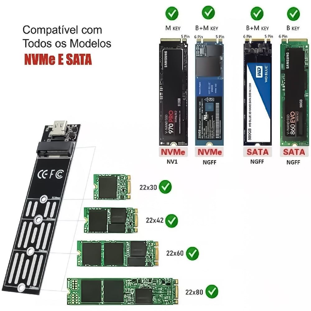 Gaveta Case Para SSD M.2 Sata e Nvme USB 3.0 Em Alumínio até 10Gbps KP-HD812