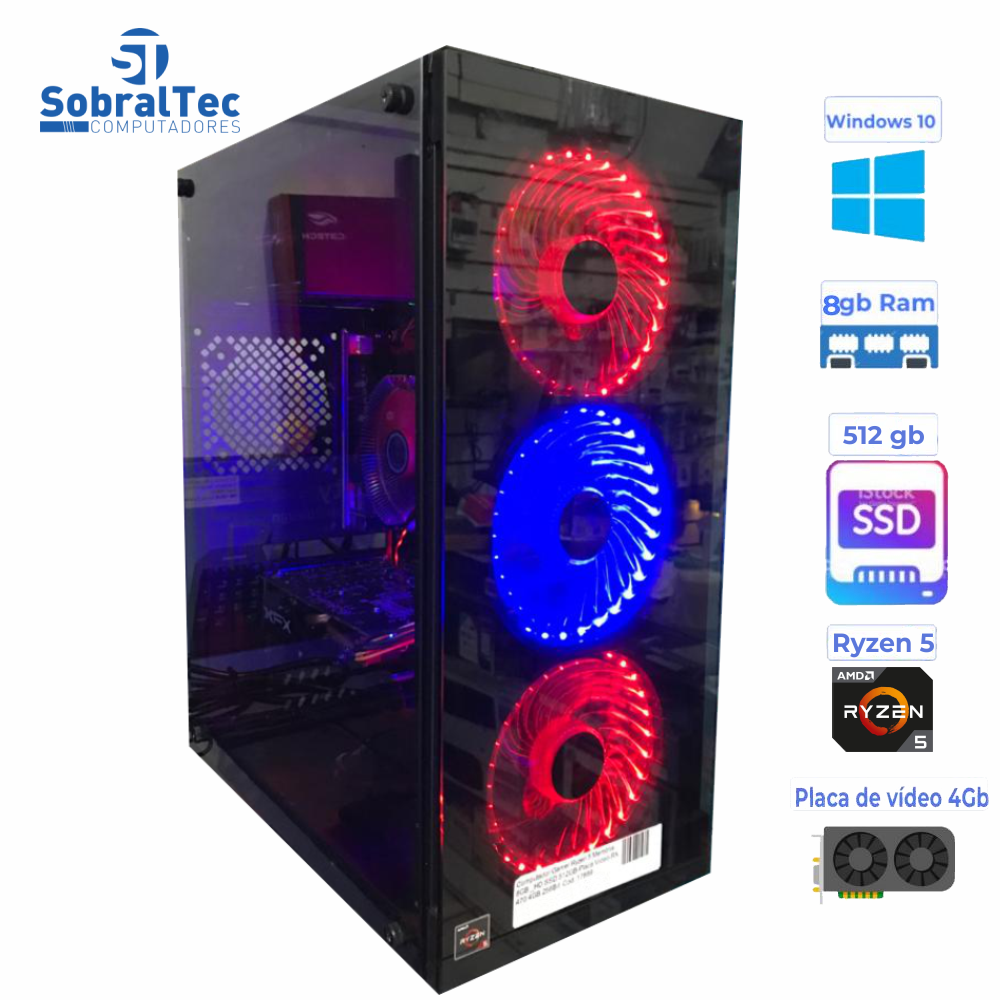 Computador Gamer Ryzen 5 Memória 8GB HD SSD 512GB Placa Vídeo Gigabyte 1050TI 4GB 256Bit