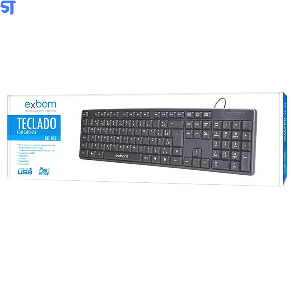 Teclado USB Ergonômico Slim Standard ABNT2 Padrão Brasileiro 03064 EXBOM -BK-103