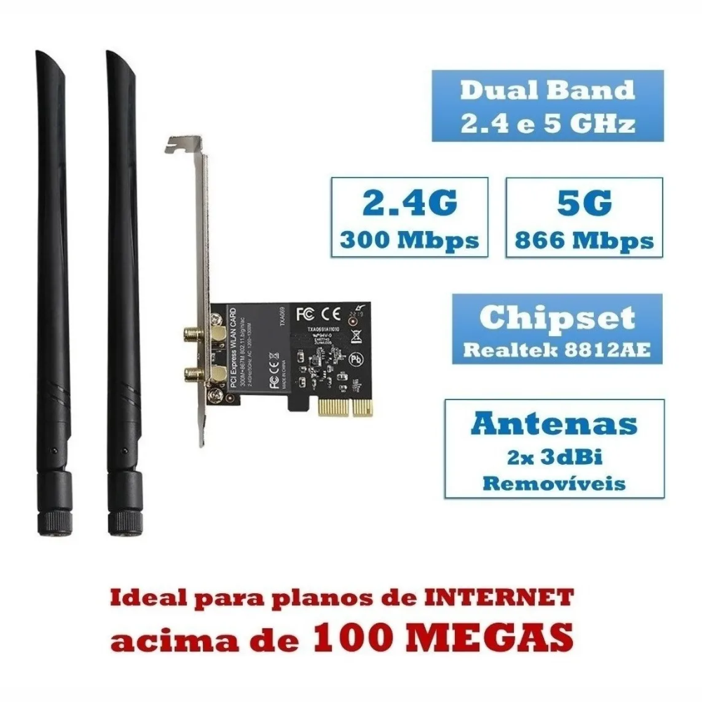 Placa PCI-Express Wireless Com Duas Antenas 1200mbps Knup KP-T119