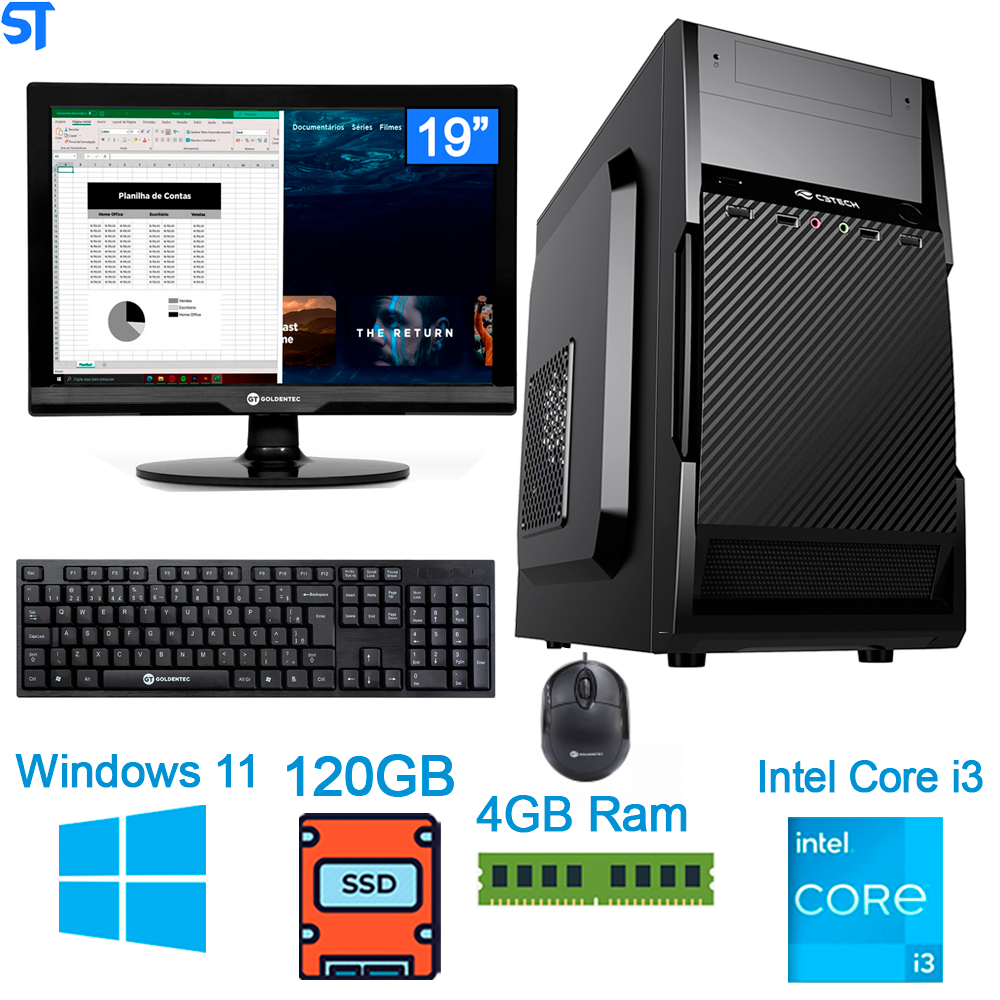 Kit Computador Caixa PDv Core i3 - SSD 120GB- Memória 4GB- Monitor 19- Teclado Mouse- Impressora Termica- - Leitor de Co