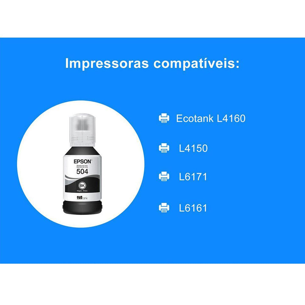 Refil de Tinta Epson Preto 504 T504 127ml Para Ecotank L4150 / L4160 / L4260 / L6171 / L6161 / L6