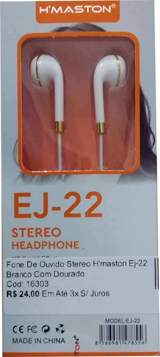Fone De Ouvido Stereo H'maston Ej-22 Branco Com Dourado