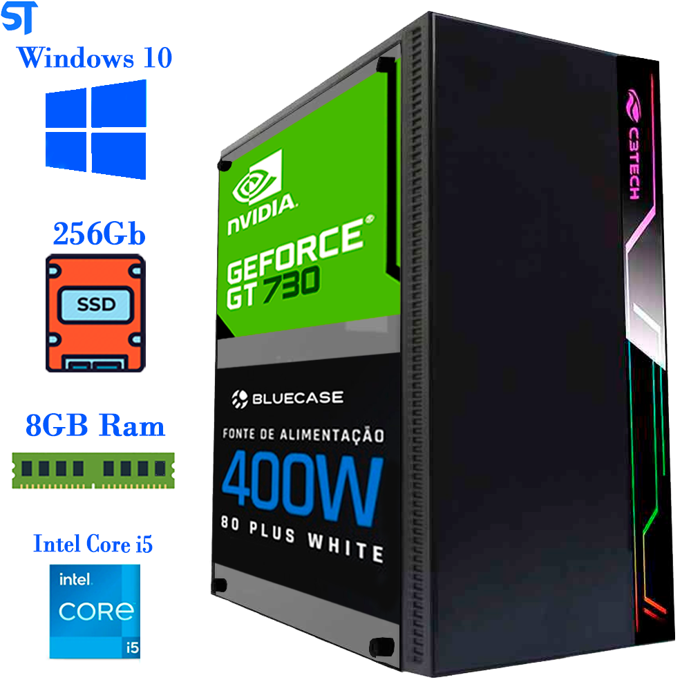 Computador Gamer Core i5 10500 Décima Geração- Memoria Ram 8GB DDR4-HD SSD 256GB-Placa de Video GT 730 de 4GB Gabinete G