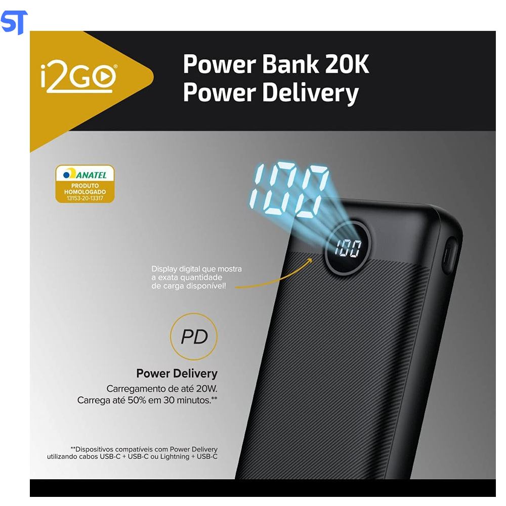 Carregador Power Bank Portátil Ultra Rápido 20000mAh Usb 2 Portas - I2GO