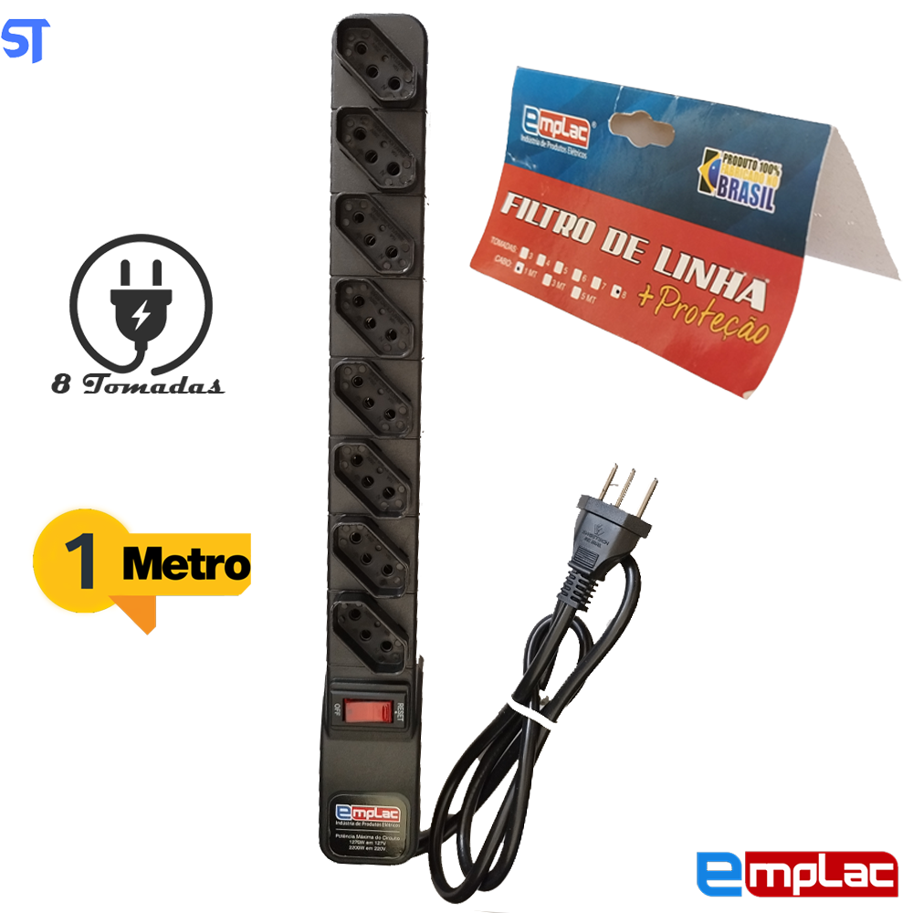 Protetor Elétrico Rearme Premium 8 Tomadas 1 Metro - Emplac