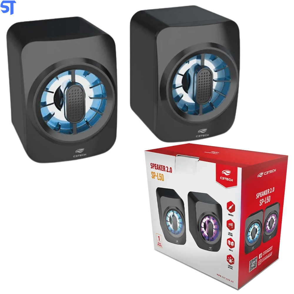 Caixa de Som Para Pc, Notebook, Speaker 2.0 Led SP-L50BK Preta C3Tech