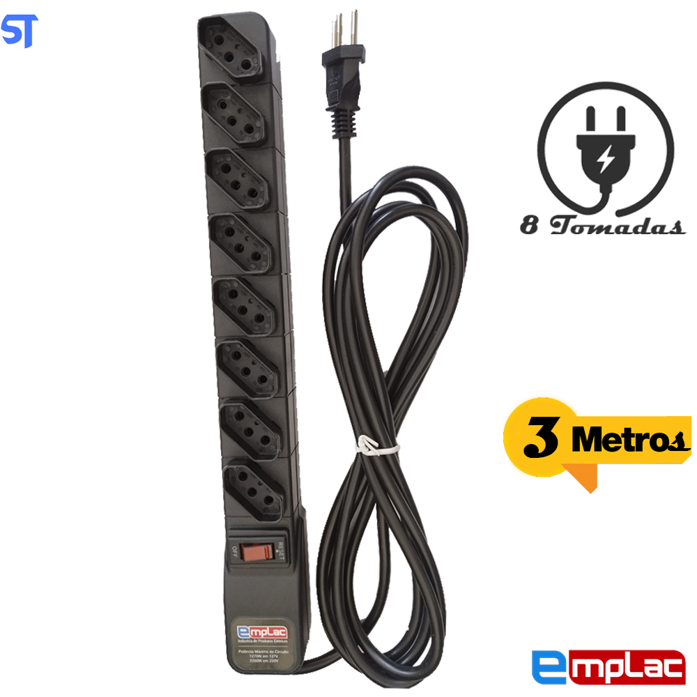 Protetor Eletrico Rearme Premium 8 Tomadas Com Cabo de 3 Metros -Emplac