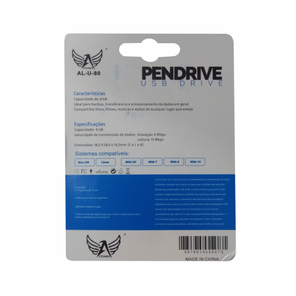 Pendrive Nano 8Gb Altomex Usb 2.0 Al-U-80 Gravação 6/Mbps Leitura 15/Mbps