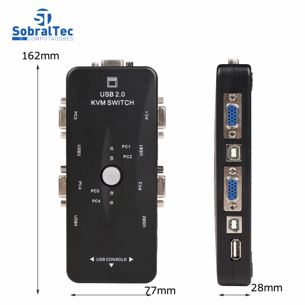 Chaveador Kvm Usb 2.0 Switch 4 Portas Vga e Usb B 3 Usb A Controladores 1 Vga Vídeo Com 4 Cabos